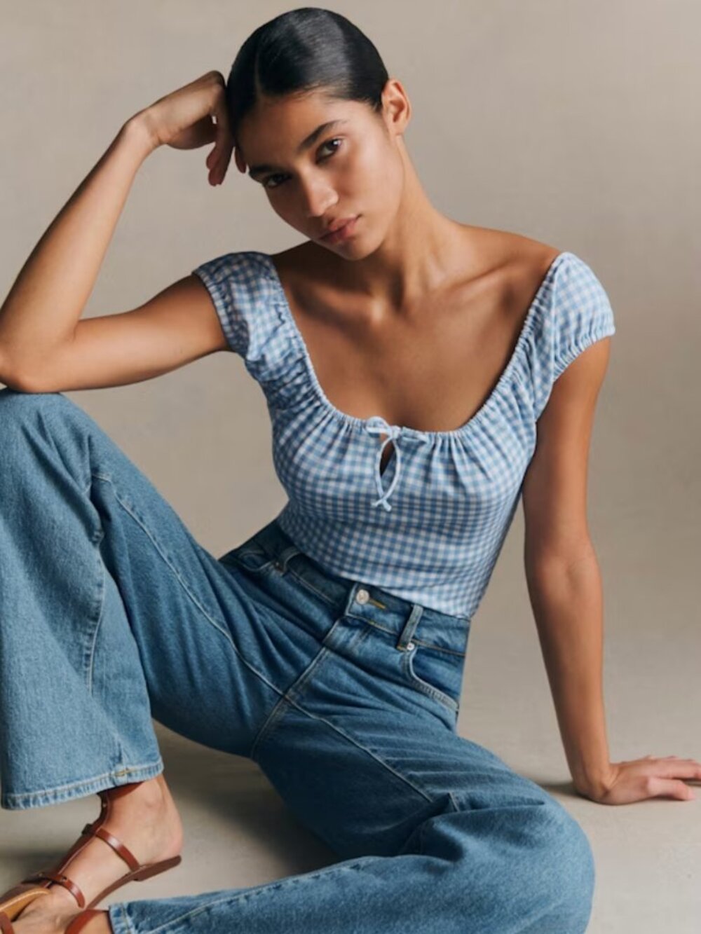 Sézane NWT Willow T-Shirt in Ecru and Blue Gingham Print Size M